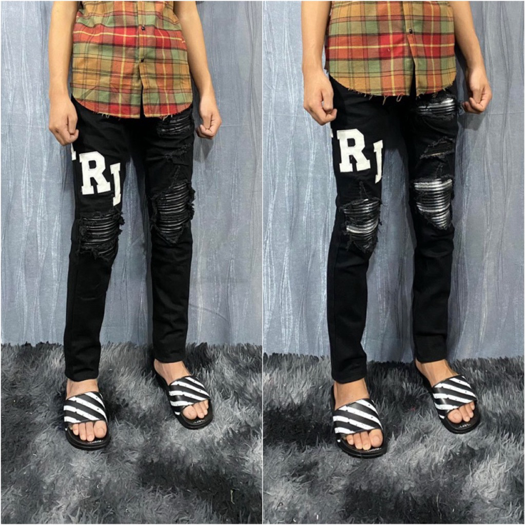 Quần Jean Nam AMIRI chữ thêu vá da đen, kẻ ĐT ( Ảnh thật)