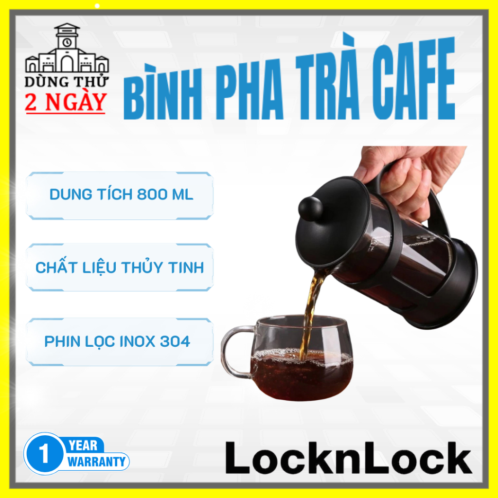 Bình pha trà cà phê LocknLock LLG018, 800ml, thiết kế kiểu pháp, thủy tinh chịu nhiệt