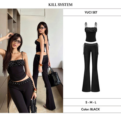 [CÓ TÁCH LẺ] Set áo 2 dây và quần ống loe chấm bi ôm body YUCI - 𝐊𝐈𝐋𝐋 𝐒𝐘𝐒𝐓𝐄𝐌