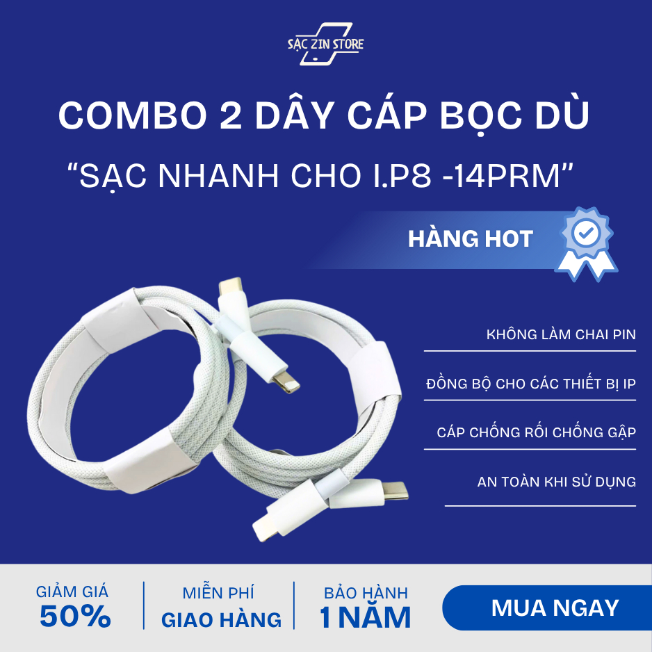 (COMBO 2 CÁP) Dây Cáp Bọc Dù PD20W TypeC - L 1 mét- Sạc Nhanh Cho Ip 8 -14prm- Bảo Hành 12 Tháng
