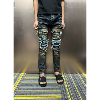  Quần jeans AMIRI màu bẩn vá da cứng loang to XX   ảnh thật  hàng 4 khuy 