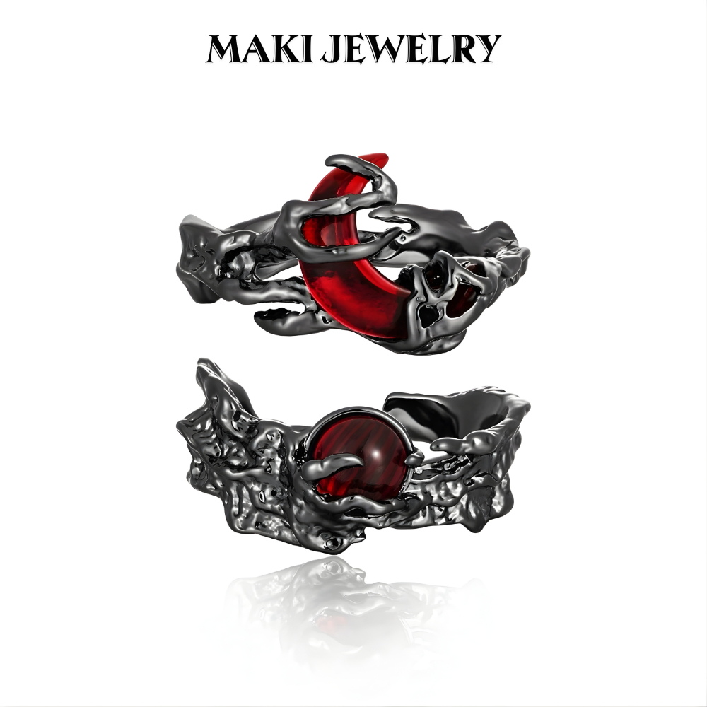 Nhẫn Đôi Mặt Trời Và Mặt Trăng Đỏ – Nhẫn Hở Nam Nữ Thiết Kế Độc Đáo, Sang Trọng Tinh Tế, Phụ Kiện Y2K Cao Cấp