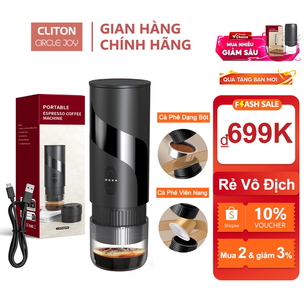 Cliton Máy pha cà phê Espresso cầm tay có giá đỡ , Thiết kế nhỏ gọn, công nghệ ép áp suất 20Bar, làm nóng nhanh 30s