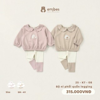 Bộ Nỉ Bé Gái Embes Bộ Nỉ Áo Dài Tay Cổ Sen Phối Quần Legging Chất Cho Bé Gái Từ 8-18kg 