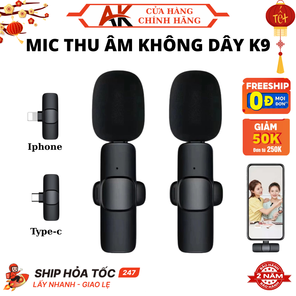 Mic Thu Âm Cài Áo K9, Độ Trễ Thấp, Khử Tiếng Ồn, Kết Nối Ổn Định, Pin 5 Giờ, Cả IPhone và Android