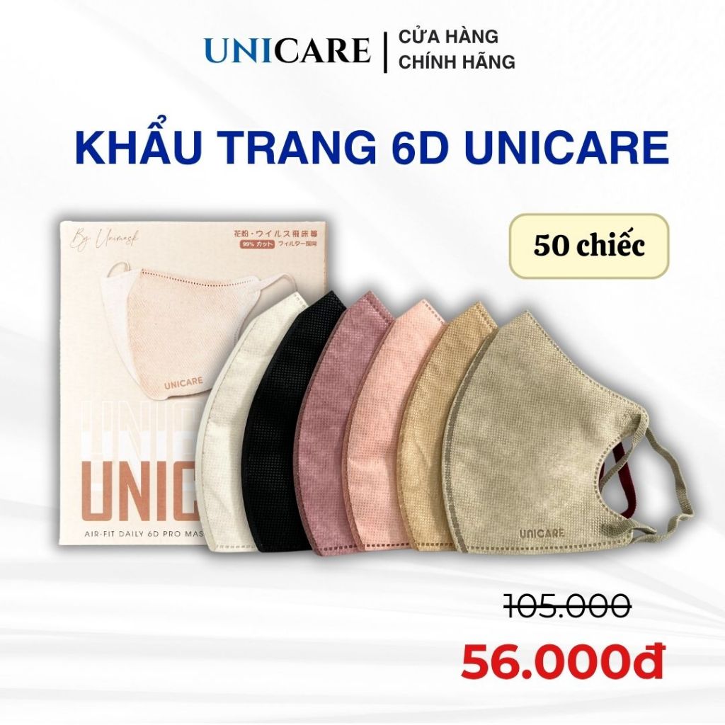 [Hộp 50 Chiếc] Khẩu Trang 6D UNICARE Quai Chun Mềm Chống Nước 3 Lớp Kháng Khuẩn Chống Bụi Mịn Cản Tia UV Thế Hệ Mới