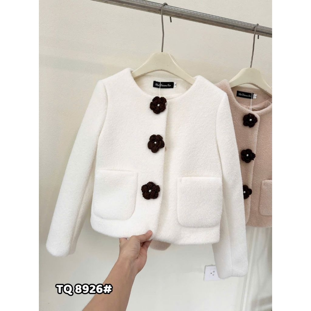 Áo khoác dạ nữ lông thỏ dáng lửng, áo khoác nữ vải dạ dày ấm