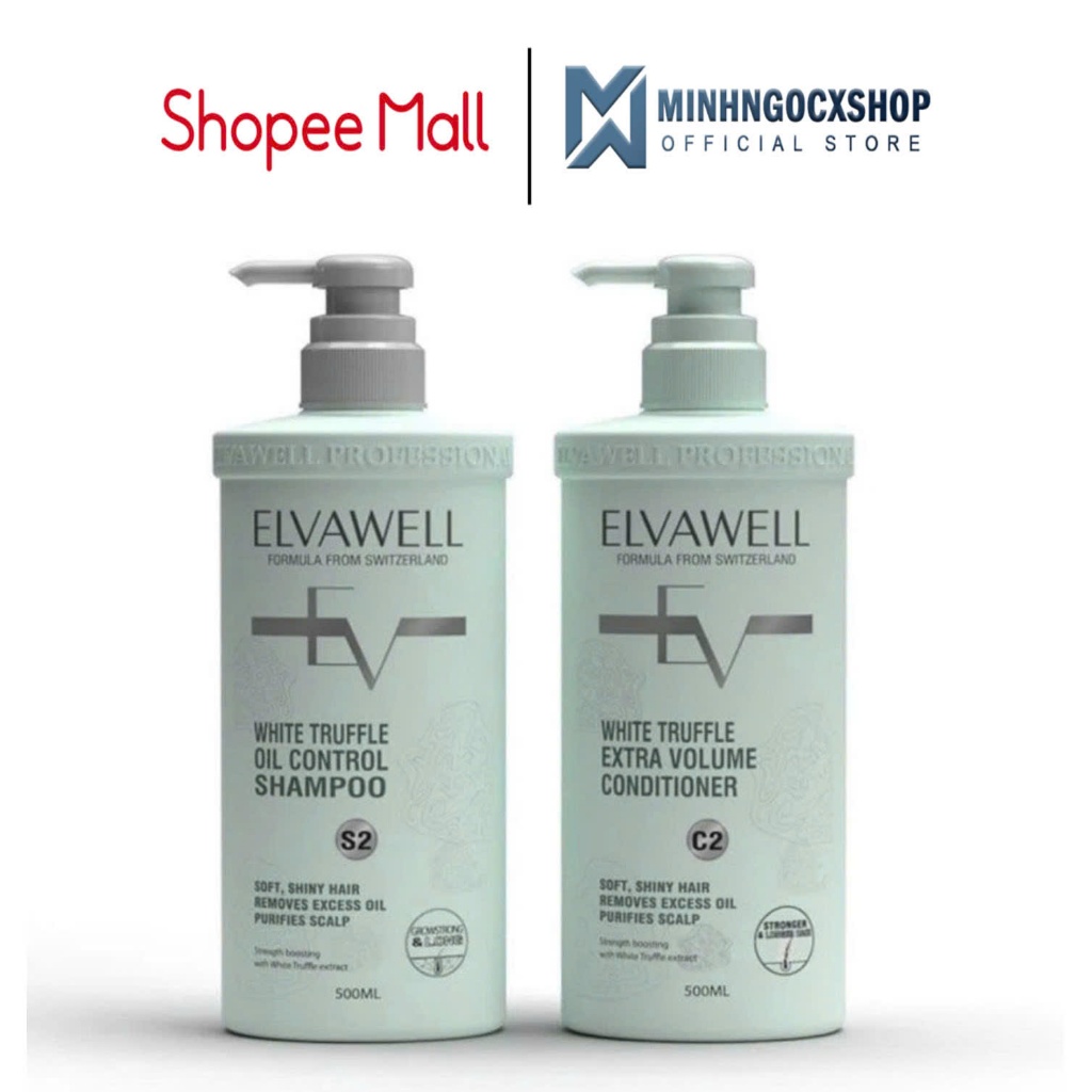 Dầu Gội Xả Giảm Rụng Tóc Sạch Dầu Bết ELVAWELL White Truffle S2 C2 500ML, Màu Xanh