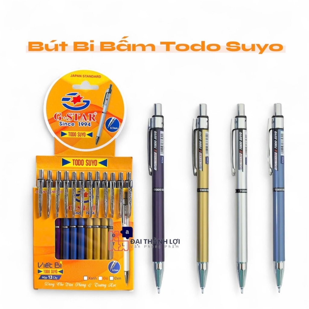 Hộp 12 Cây Bút Bi Bấm Todo Suyo Ngòi Bi 0.7mm Thụy Sĩ, Mực Xanh Của Đức,Mực Đều, Viết Êm