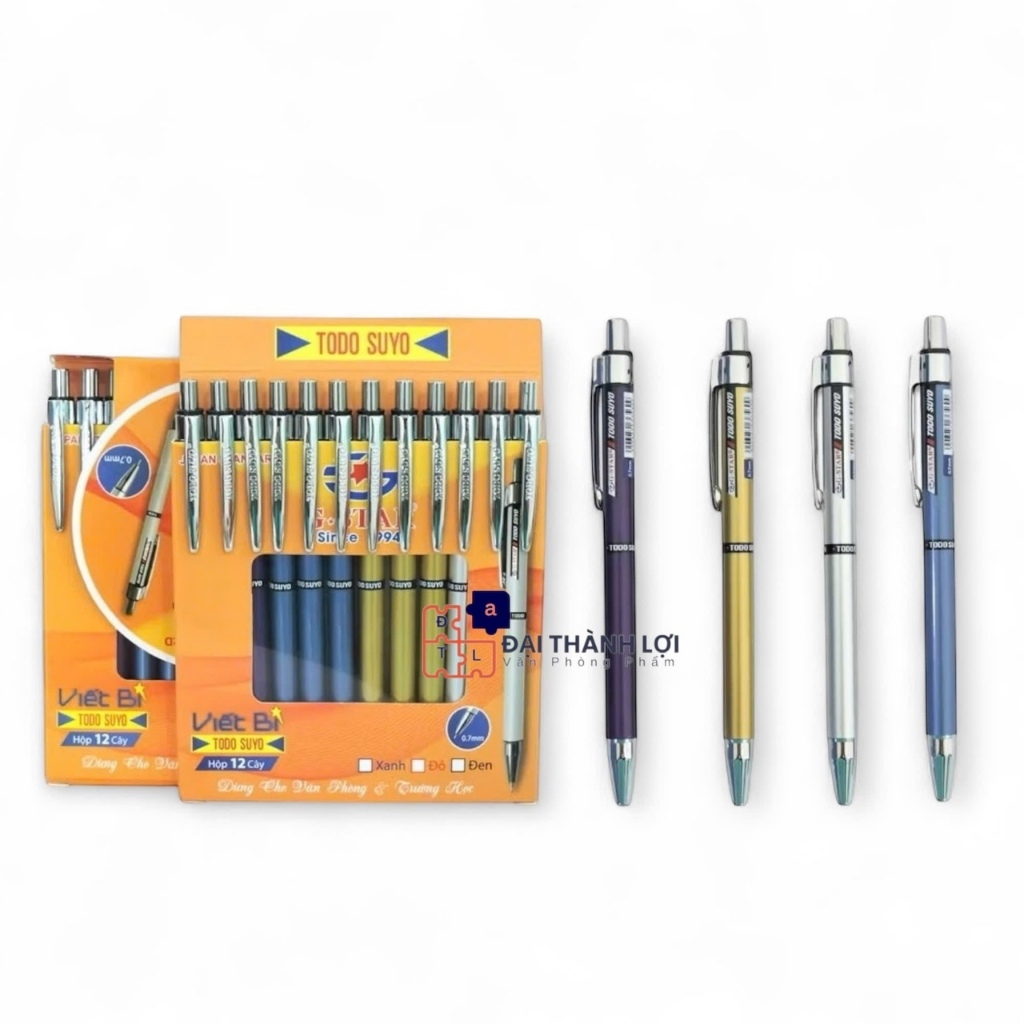 HỘP 12 Cây Viết Bi Bấm / Bút Bi Bấm Todo Suyo Ngòi Bi 0.7mm Thụy Sĩ, Mực Xanh Của Đức, Mực Đều, Viết