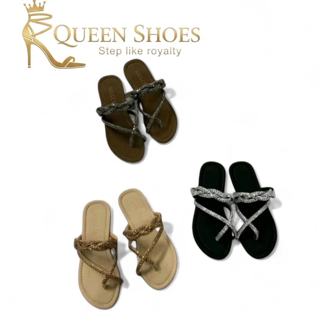 Queen shoes - Lê Nữ Mũi Tròn Xỏ Ngón 2 Dây Đá Chéo, Đế Chống Trơn Trượt.