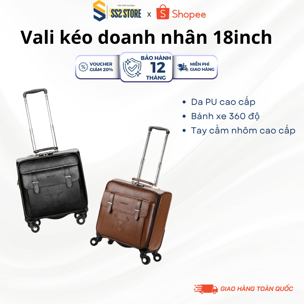 Vali kéo doanh nhân cao cấp da Pu nâu/ đen size 18 inch bánh xe 360 độ- Vali kéo du lịch 18 inch