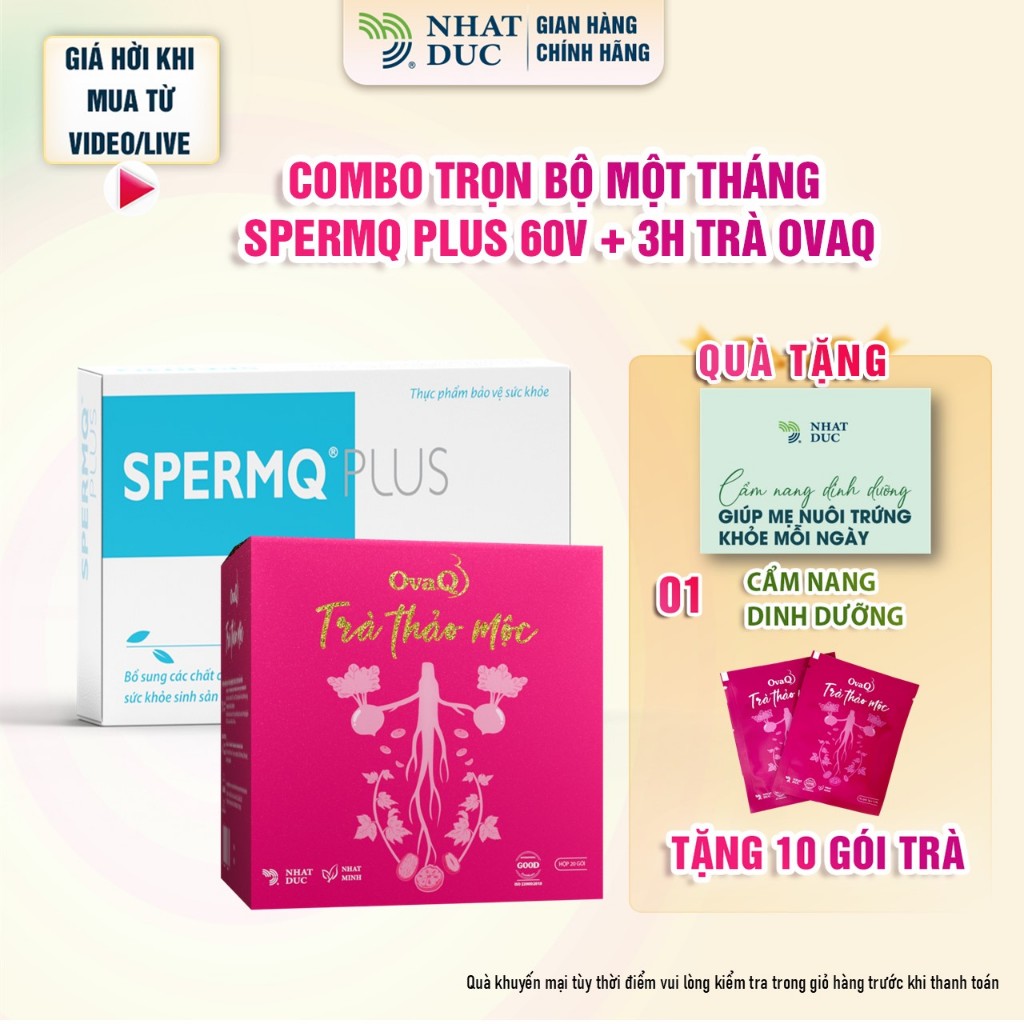 Combo trọn bộ tpbvsk SpermQ Plus 60v & Trà OvaQ 3 hộp 20 gói lá mâm xôi dưỡng trứng, bổ nòng nọc