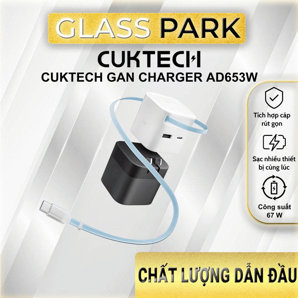 Củ Sạc Nhanh CukTech  AD653W 67W Tích Hợp Cáp | 3 Cổng 2C+1A | GAN PD/PPS/QC3+ | Bảo Hành 18 Tháng