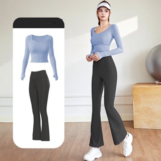  Bộ đồ tập gym nữ 2 món áo croptop có mút đệm và quần ống loe ôm body tôn dáng thời trang 