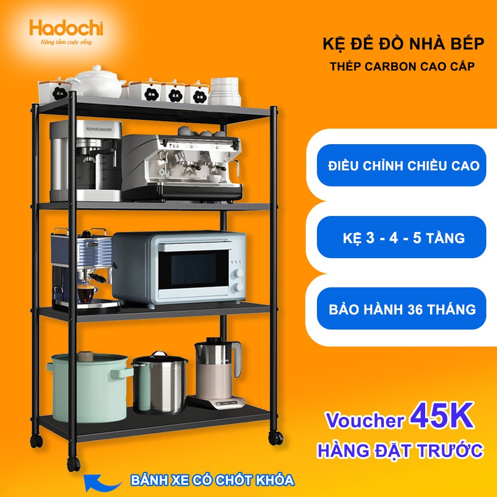Kệ Để Đồ Nhà Bếp Đa Năng, Kệ Lò Vi Sóng Có Bánh Xe, Kệ Thép Carbon HADOCHI Sơn Đen Tĩnh Điện