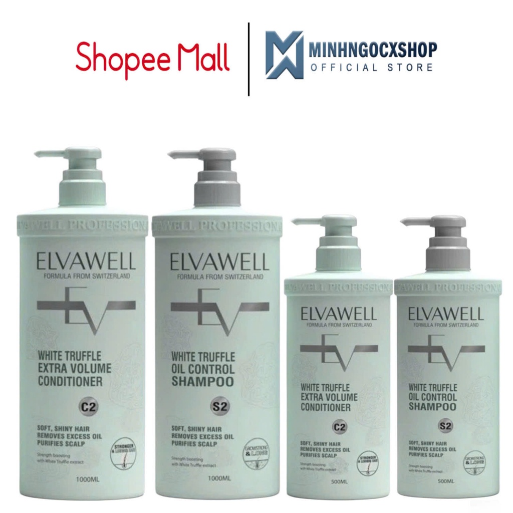 Dầu Gội Xả Giảm Rụng Tóc Sạch Dầu Bết ELVAWELL White Truffle S2 C2 500ML - 1000ML, Màu Xanh