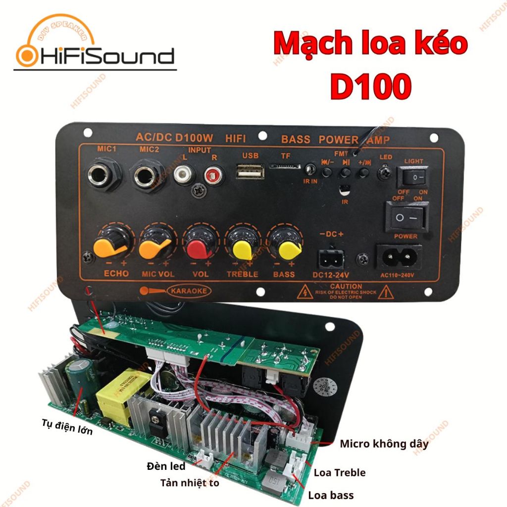 Mạch loa D100 hát Karaoke Bluetooth 5.0 - 100W, có cổng cắm mạch mic không dây, 12V/24V/220V (Tặng k