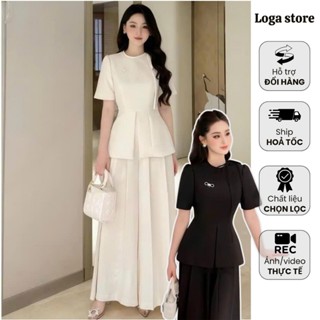  Set đồ nữ sang chảnh màu kem set áo peplum và quần ống rộng xếp ly set quần áo nữ công sở thanh lịch Loga store _L161 