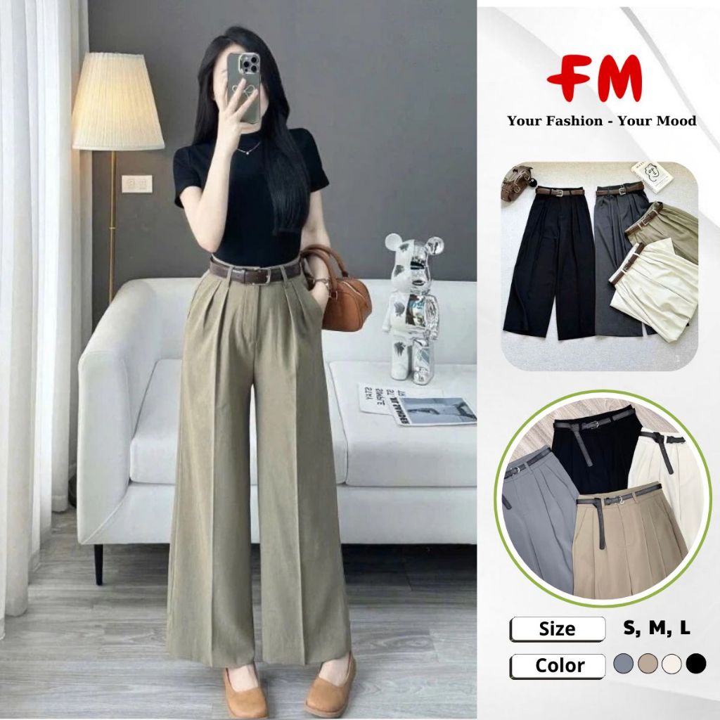 Quần Tây Nữ Ống Suông FMSTYLE SHOP Cho Nàng Nấm Lùn – Xếp Ly 2 Bên, Lưng Cao Tôn Dáng 25100330