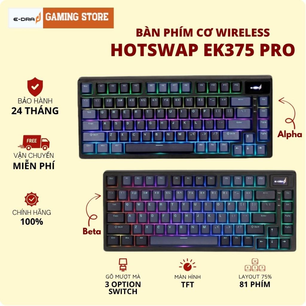 Bàn Phím Cơ Không Dây E-DRA EK384 Gaming 3 MODE, EK375V2 LED RGB BH Chính Hãng | BigBuy360 - bigbuy360.vn