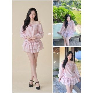  | ROSE DRESS | Váy hồng Pastel Trễ Vai Tiểu Thư Tầng Chun Hông Tag Hoa Tiểu Thư Hàn Quốc Tơ Có Lót Kèm Quần 