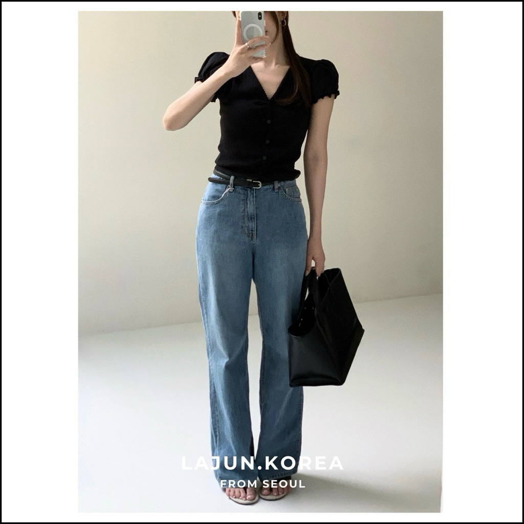 [LAJUN KOREA] Quần Jeans Base Form Suông Lưng Cao Tôn Dáng Chất Liệu Dày Dặn Hàn Quốc
