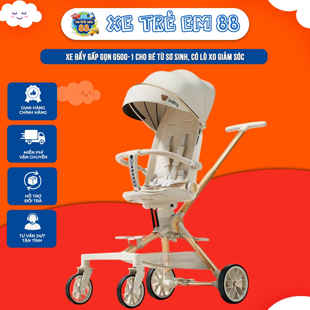 Xe đẩy gấp gọn cao cấp G500-1 cho bé từ sơ sinh, có lò xo giảm sóc, có thể xoay 360 độ