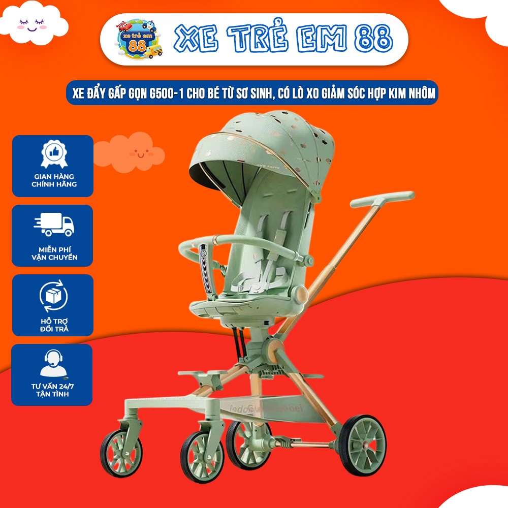 Xe Đẩy Gấp Gọn G500-1, Có Lò Xo Giảm Sóc, Xoay 360 Độ, Mái Che Rộng Rãi Cho Bé Từ Sơ Sinh