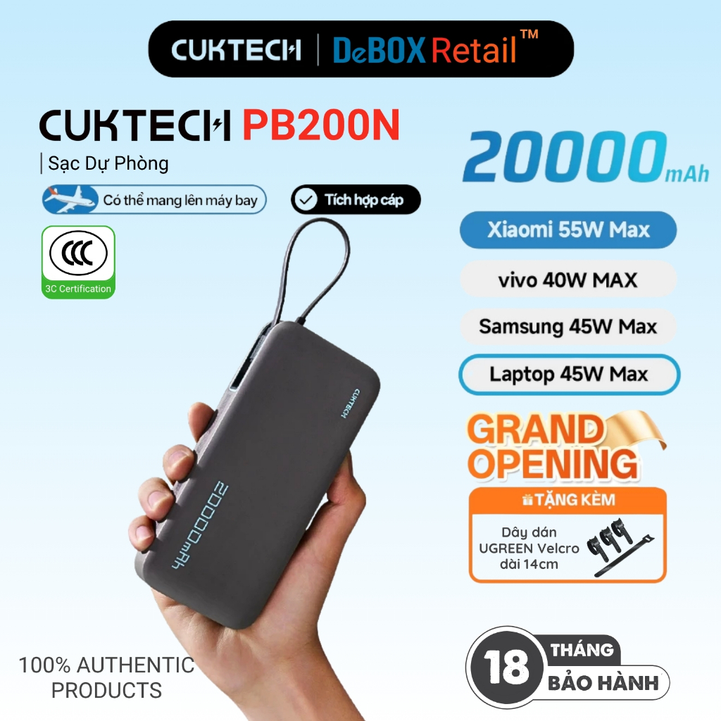 Sạc Dự Phòng CUKTECH Sạc Nhanh 55W 20000mAh, Tích Hợp Cáp, Hỗ Trợ Xiaomi 55W Samsung 45W iP16/15 - B