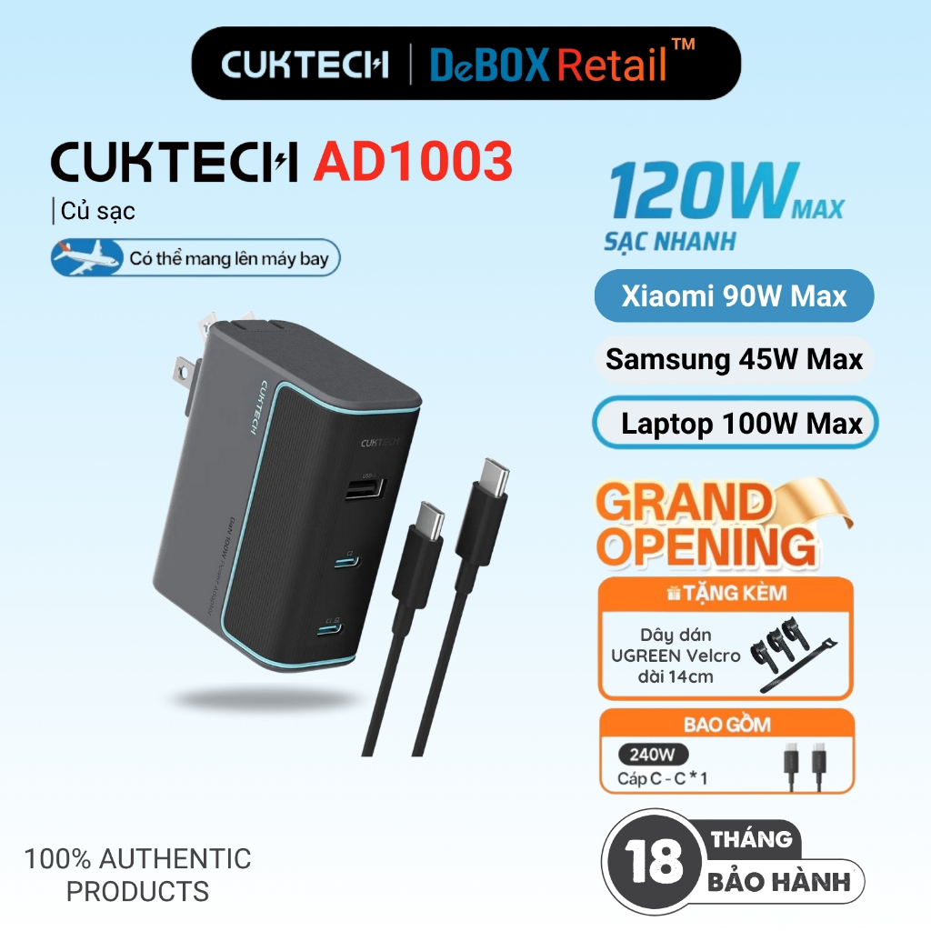 Củ Sạc GaN Siêu Nhanh CUKTECH 10 | Công Suất 120W Max | Hỗ Trợ Sạc Nhanh | 2C1A | Bảo Hành 18 Tháng 