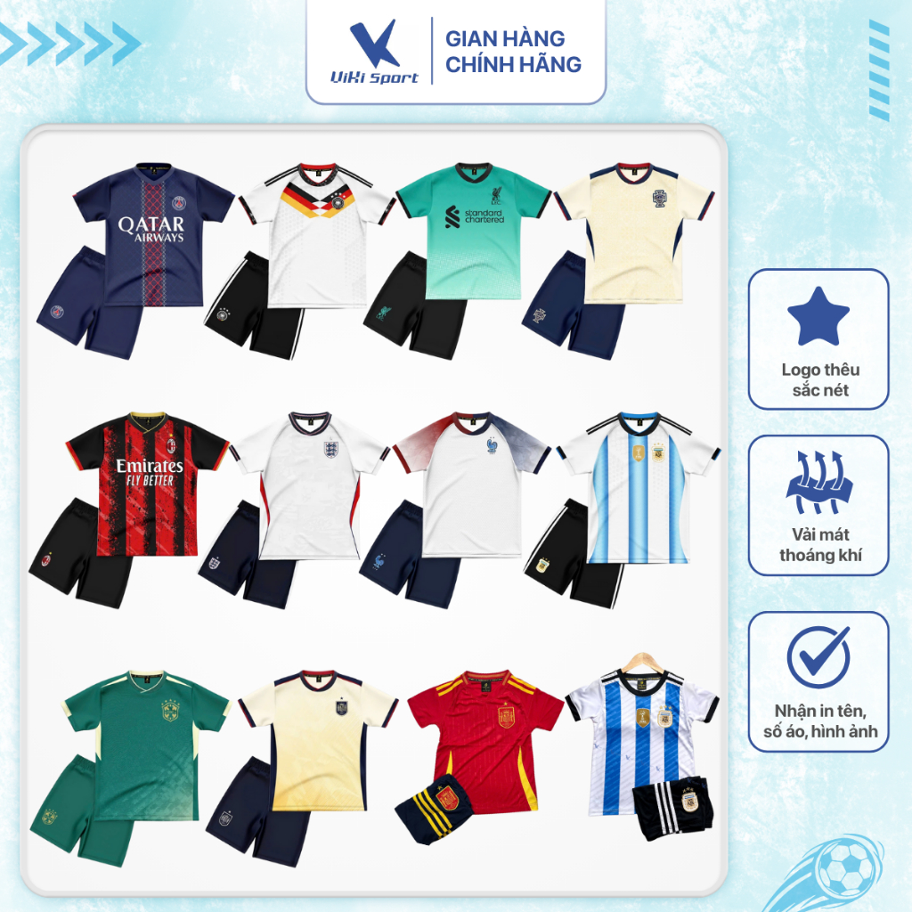 Bộ quần áo đá bóng cho trẻ Từ 10kg đến 45kg, chất liệu thun lạnh cao cấp, co dãn 4 chiều SV05 | ViKi Sport