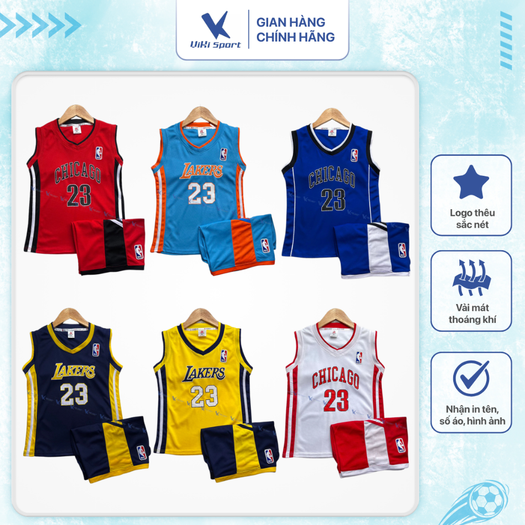 Bộ quần áo bóng rổ cho bé từ 8kg đến 42kg, chất liệu vải mè cao cấp, thoáng mát | ViKi Sport