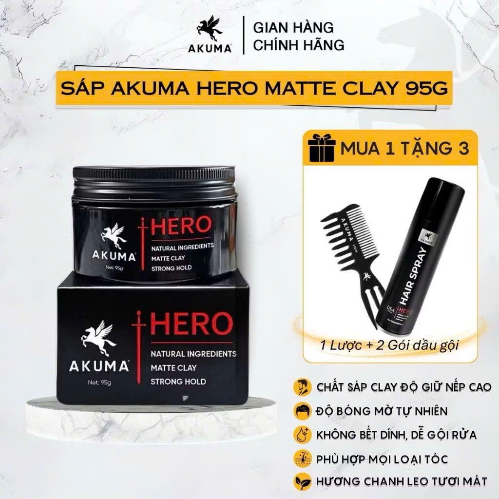 Sáp vuốt tóc Akuma Hero Matte Clay 95g siêu giữ nếp mùi hương thơm mát dễ chịu