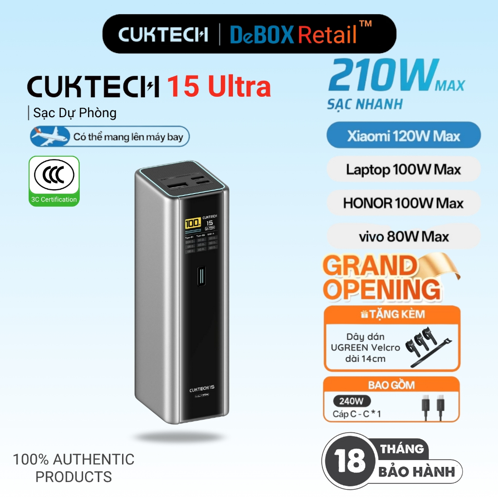 Sạc Dự Phòng Di Động CUKTECH 15 ULTRA 20000mAh 210W Max | Xiaomi 120W, Samsung 45W, iP16/15/14 - BH 