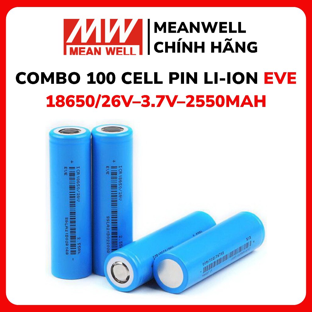 Combo 100 cell pin 18650, cell EVE 18650/26V–3.7V–2550mAh dòng xả 7.5A