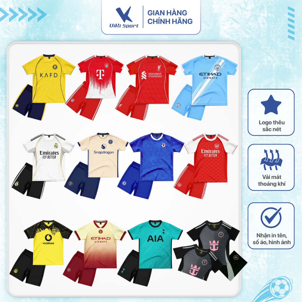 Bộ quần áo đá bóng cho trẻ từ 10kg đến 45kg, chất vải thoáng mát, co dãn 4 chiều SV02 | ViKi Sport