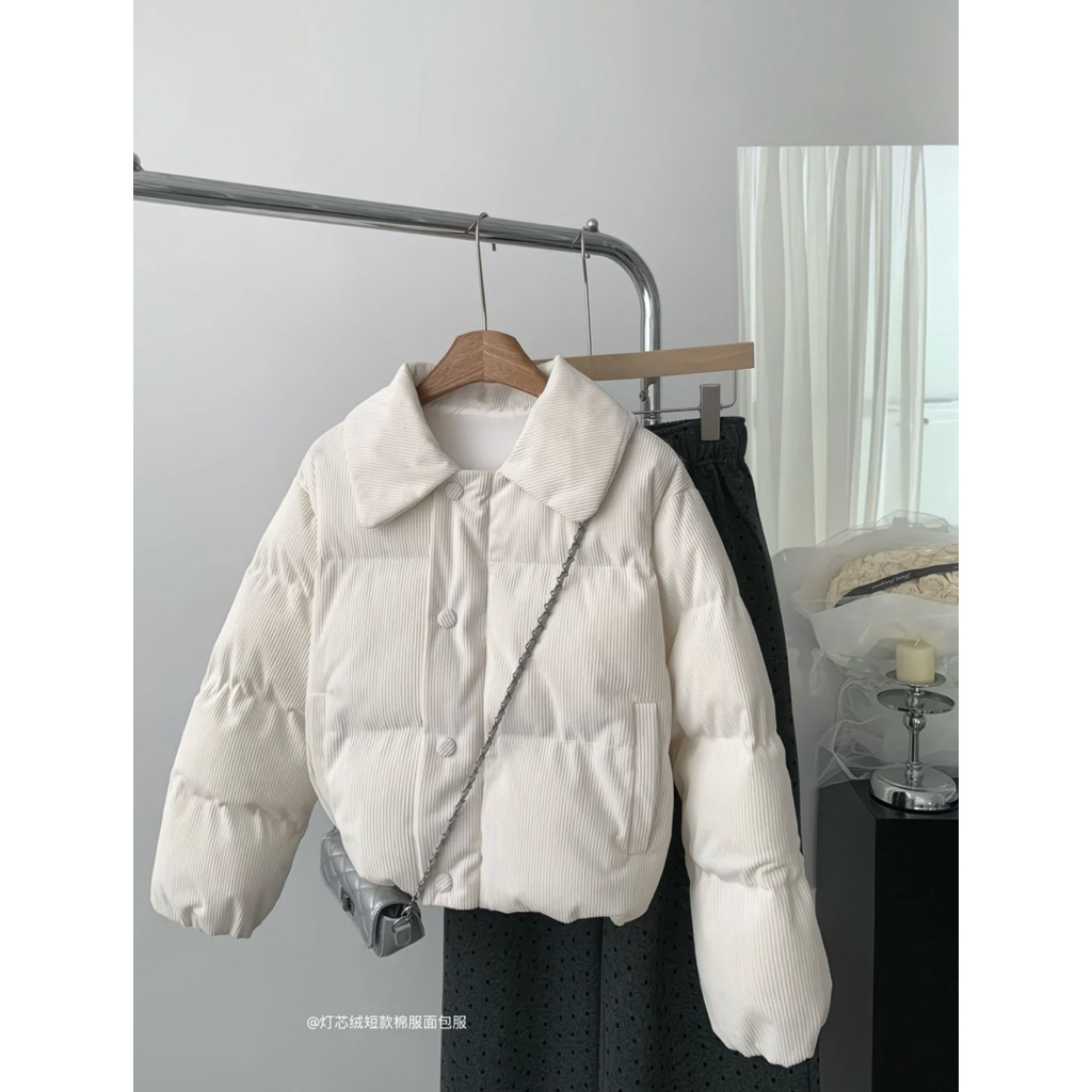 Áo Khoác Phao Nữ Cổ Bẻ Ngắn Hàn Quốc Màu Trắng Kem , Đen | Áo Phao Nữ Ấm Dáng Croptop Dày Dặn Siêu X
