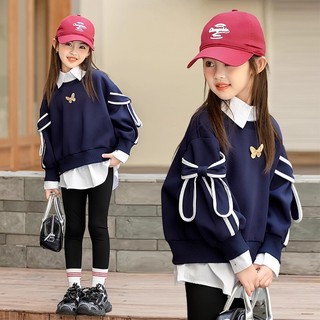 3-14Y Áo nỉ dài tay cổ polo viền nơ phong cách mới 2025 dành cho bé gái cỡ trung bình và lớn