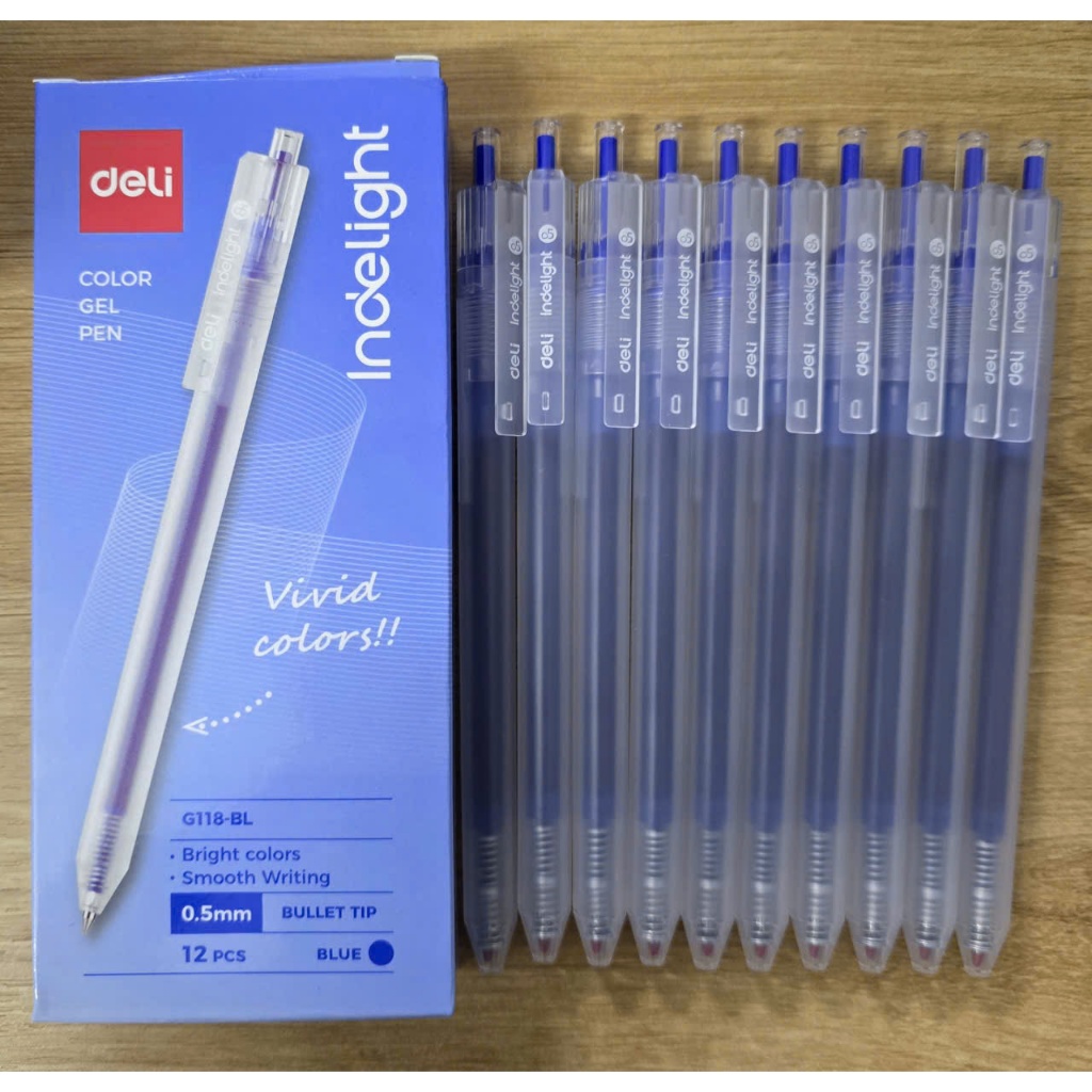 Hộp 12 cây bút gel nước mực (Xanh, Đen)  Deli G118 -BL ngòi 0.5mm, nhanh khô viết đều trơn
