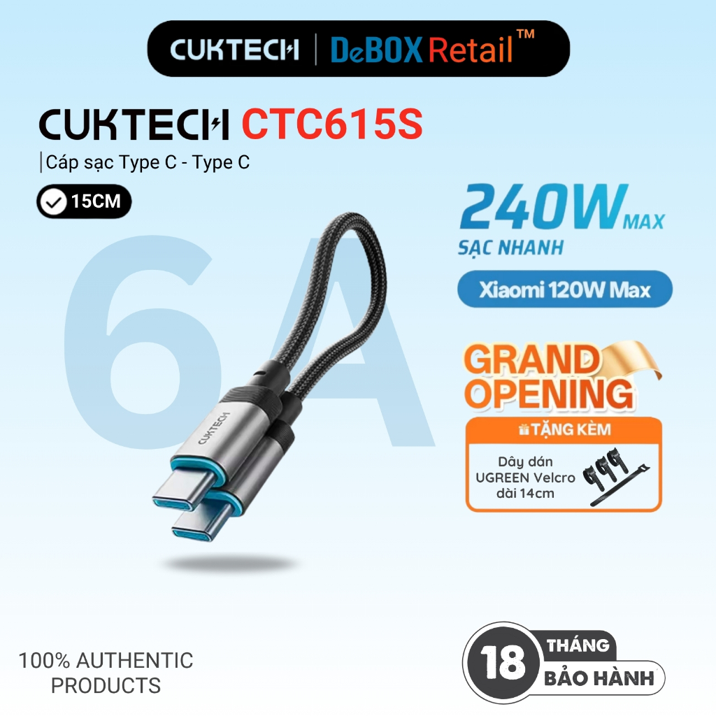 Cáp Sạc Nhanh CUKTECH CTC615S C to C dài 15cm | Công Suất Sạc Max 240W | Truyền Dữ Liệu 480 Mbps | B