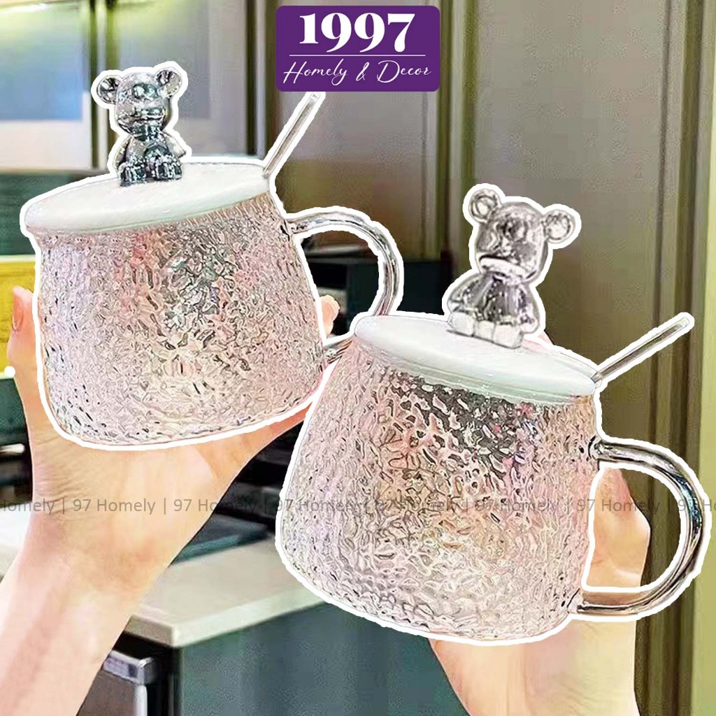 Cốc Thủy Tinh Teacup Nắp Gấu 97HOMELY Có Quai Cầm Tặng Kèm Thìa Kiểu Dáng Dễ Thương DT251100301