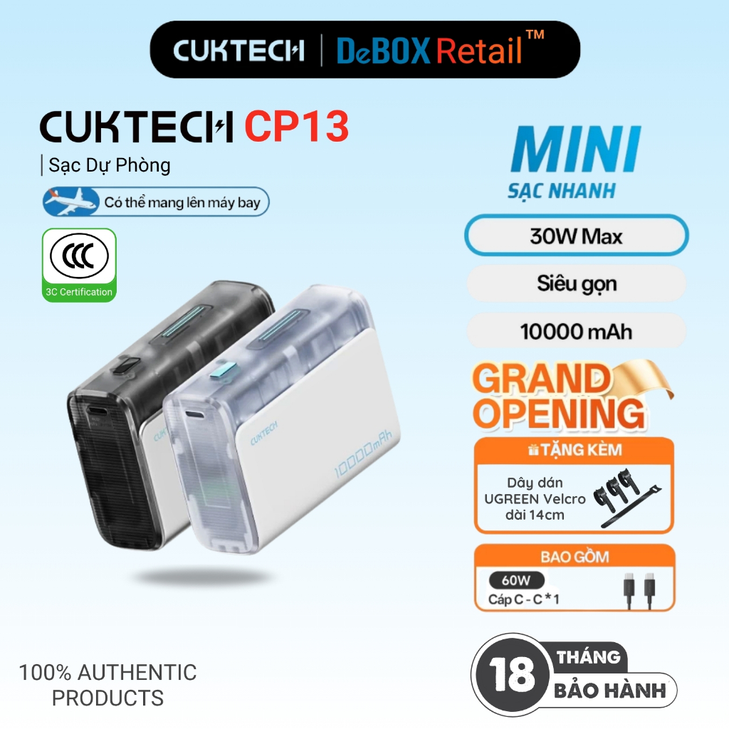 Pin Sạc Dự Phòng CUKTECH CP13 Pocket 10000mAh Sạc Nhanh 30W, Hỗ Trợ iP17/16/15/14 - PB100S Chính Hãn