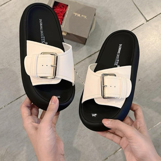  Dép Nữ A33 bản ngang to có khóa cài mũi tròn màu trắng  đen bạc nâu 3cm da lì mềm êm may sẵn quai 