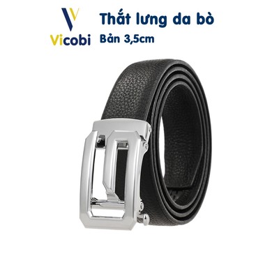 Dây thắt lưng nam da bò mặt chữ G Vicobi TLG1B Bạc, dây nịt khóa tự động bản 3,5cm