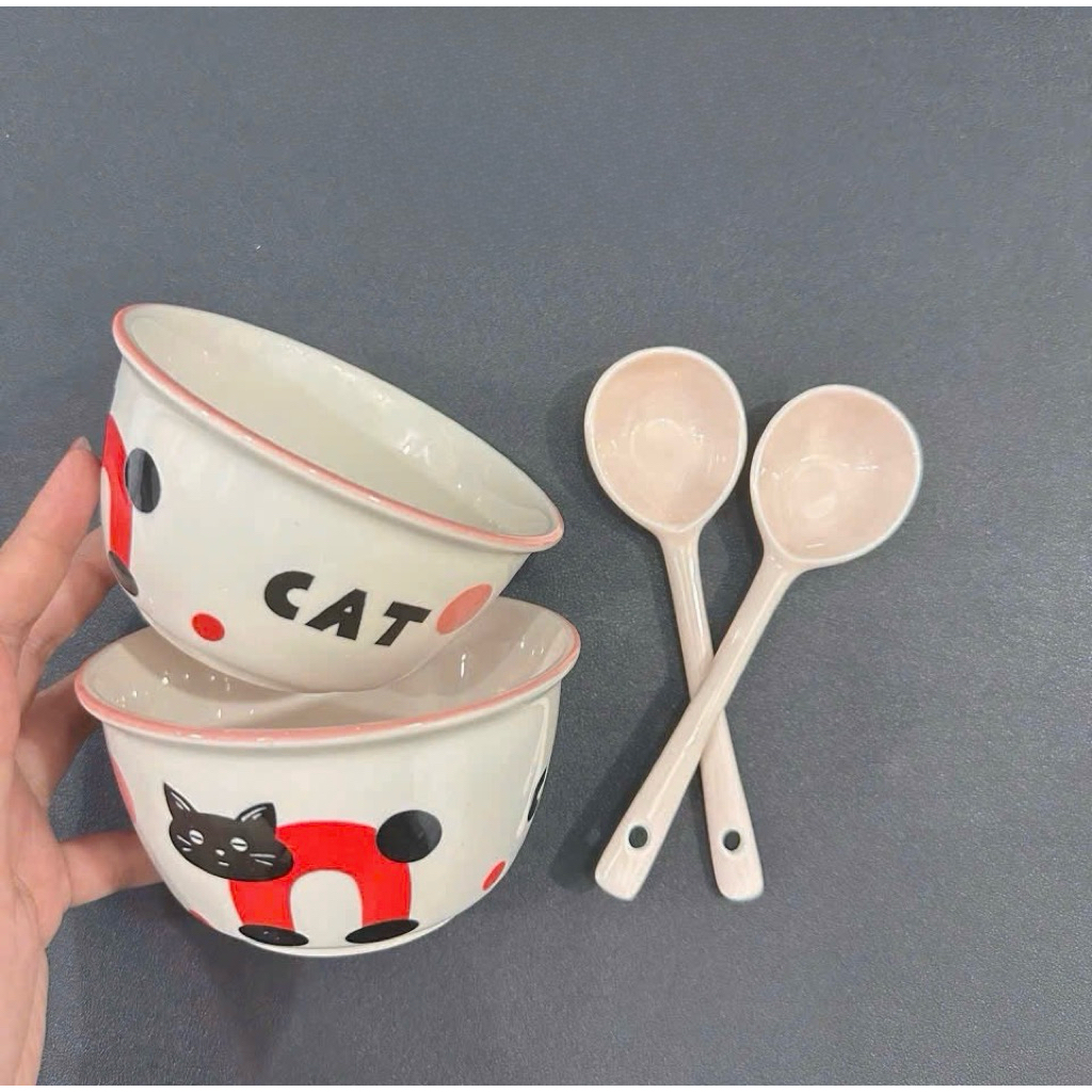 Combo 2 chén 2 muỗng in hình hoạ tiết siu dễ thương