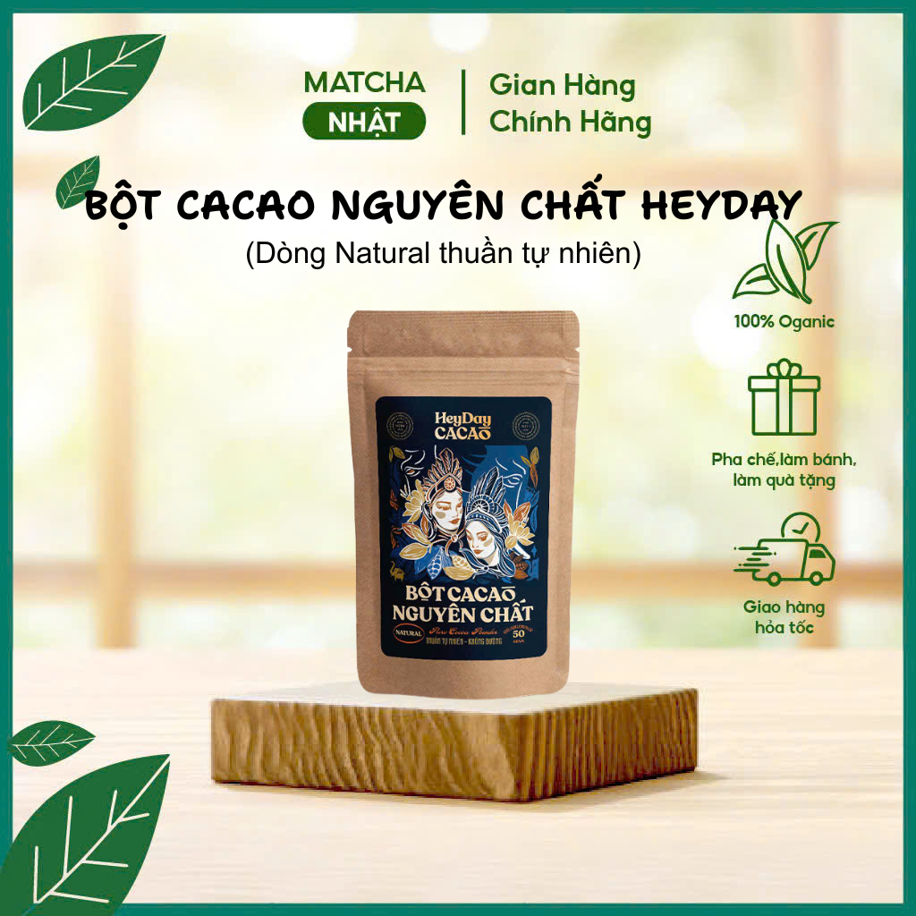 Bột Cacao nguyên chất Heyday, Dòng Natural thuần tự nhiên, túi 50g