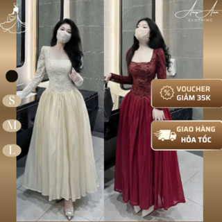  Ann Ann Clothing- Váy ren dài nữ. Đầm ren nữ dài tay phối tơ cổ vuông. Đầm Váy dài nữ dự tiệc đi cưới đi chơi chụp ảnh 