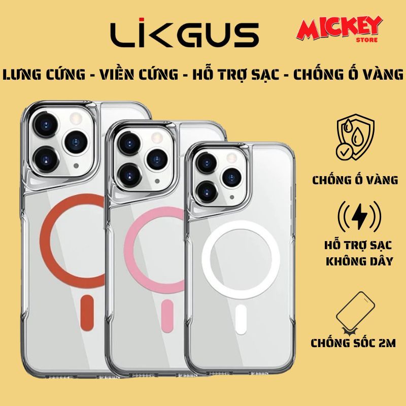 Ốp Likgus Candy trong suốt hỗ trợ sạc không dây chống ố vàng cho IPhone 12 13 14 15 16Promax Pro