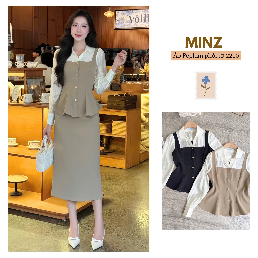 Áo Peplum Phối Tơ MINZ STORE Mã 2210, Thiết Kế Dài Tay Phong Cách Công Sở